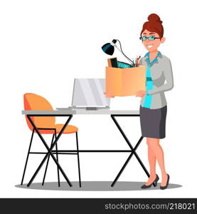 Happy Woman With Box With Things Near Table Getting A New Job Vector. Illustration. Happy Woman With Box With Things Near Table Getting A New Job Vector. Isolated Illustration