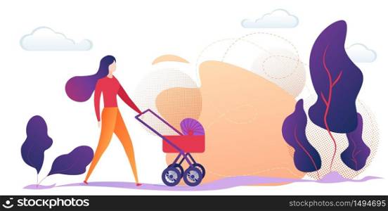 Happy Woman with Child Carriage in City Park. Young Mother Pushing Baby Stroller on Countryside Landscape Background. Girl and Kid on Weekend, Maternity, Love, Family Cartoon Flat Vector Illustration. Young Mother Pushing Baby Stroller in Countryside