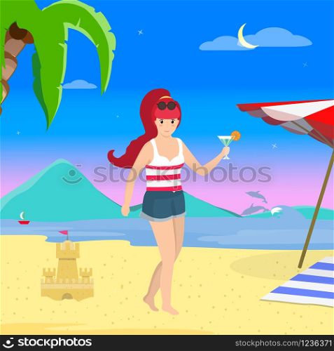 Happy Woman with Cocktail at Night Beach Party. Smiling Girl Enjoy Drink on Seaside Background with Dolphins, Palms, Umbrella and Sand Castle. Summertime Trip, Resort Cartoon Flat Illustration. Happy Woman with Cocktail at Night Beach Party.