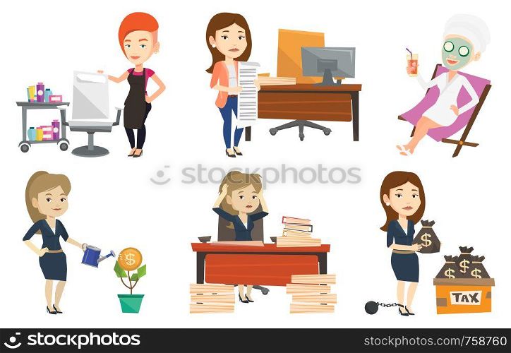 Happy woman with face mask lying in chaise lounge in beauty salon. Woman relaxing in beauty salon. Girl having beauty treatments. Set of vector flat design illustrations isolated on white background.. Vector set of people during beauty procedures.
