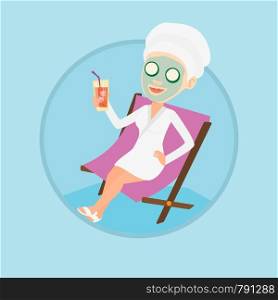Happy woman with face mask lying in chaise lounge in beauty salon. Woman relaxing in beauty salon. Girl having beauty treatments. Vector flat design illustration in the circle isolated on background.. Woman getting beauty treatments in the salon.