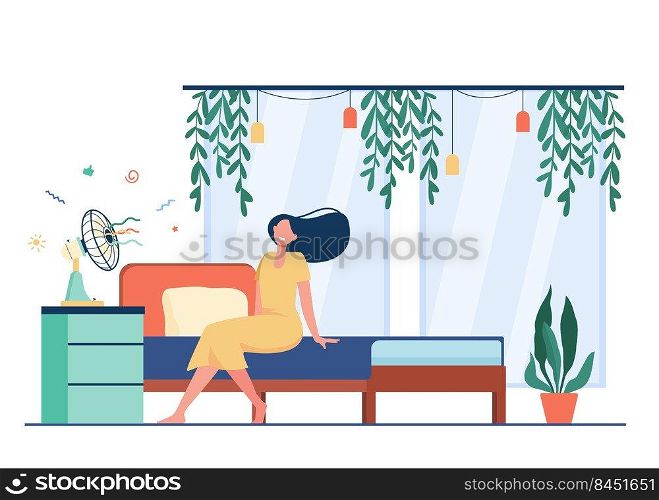 Happy woman with flying hair sitting at air fan, cooling in heat room. Vector illustration for hot weather, summer, conditioning at home concept