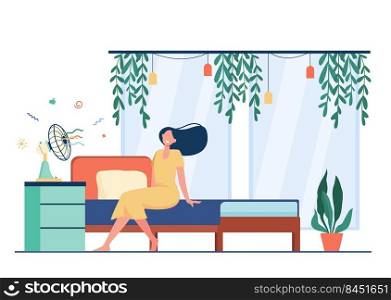 Happy woman with flying hair sitting at air fan, cooling in heat room. Vector illustration for hot weather, summer, conditioning at home concept