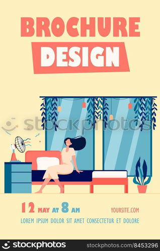 Happy woman with flying hair sitting at air fan, cooling in heat room. Vector illustration for hot weather, summer, conditioning at home concept