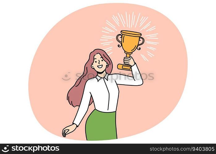 Happy woman with golden prize celebrate work or personal success. Motivated female holding trophy excited about achievement or business award. Vector illustration.. Woman with trophy celebrate success
