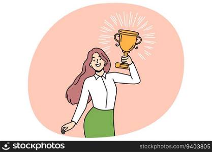 Happy woman with golden prize celebrate work or personal success. Motivated female holding trophy excited about achievement or business award. Vector illustration.. Woman with trophy celebrate success