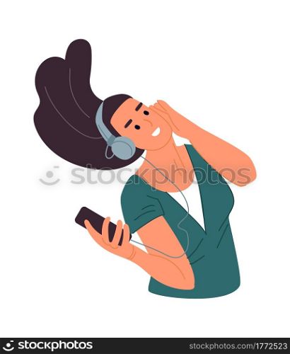Happy woman with headphones. Cartoon girl listening to music. Young female dancing. Isolated character using mobile and earphones. Person enjoying of songs. Vector teenager holding phone and headset. Happy woman with headphones. Cartoon girl listening to music. Female dancing. Character using mobile and earphones. Person enjoying of songs. Vector teenager holding phone and headset