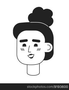 Happy woman with high messy curly bun monochromatic flat vector character head. Editable black white cartoon face emotion. Hand drawn lineart ink spot illustration for web graphic design, animation. Happy woman with high messy curly bun monochromatic flat vector character head