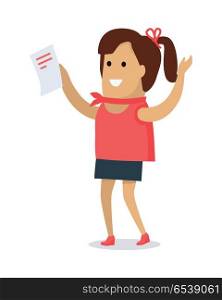 Happy woman with paper sheet in hands flat vector illustration isolated on white background. Secretary cartoon. Happy lady with letter. Working with documents, office paper work concept. Good job. Happy Woman With Letter Flat Vector Illustration. Happy Woman With Letter Flat Vector Illustration