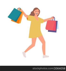 Happy woman with shopping bags. Girl going from big sale isolated on white background. Happy woman with shopping bags. Girl going from big sale