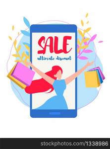 Happy Woman with Shopping Bags in Mobile Phone Screen Flat Cartoon Banner Vector Illustration. Doing Purchases via Internet. Woman Character Buying. Sale and Ultimate Discount Advertisement.