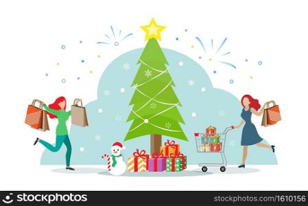 Happy woman with shopping cart enjoy shopping during Christmas sale with Chrismas tree and gifts background. People lifestyle on festive holiday concept.