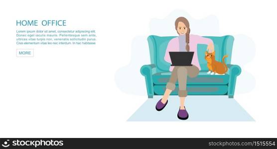 Happy woman working from home at sofa with laptop.Self employed conceptual vector illustration.