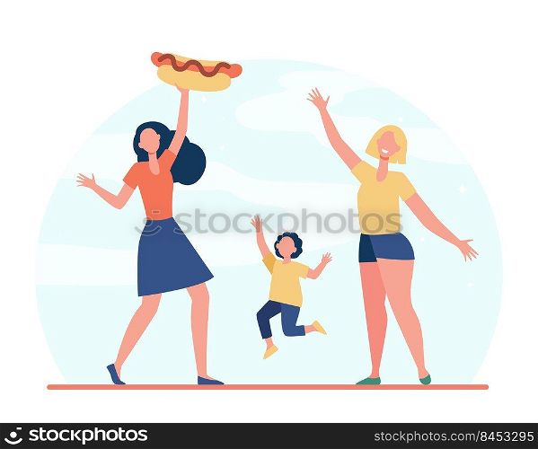 Happy women and girl with hot dog. Meal, street, junk food flat illustration. Fast food and nutrition concept for banner, website design or landing web page