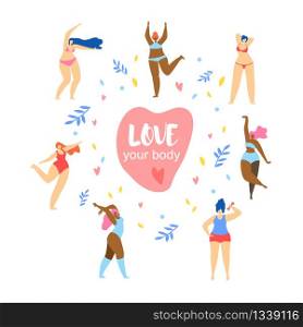 Happy Women and Girls Characters Various Sizes and Races Dance Around of Big Pink Heart with Words Love Your Body on Doodle Herbal Ornament Background. Body Positive, Cartoon Flat Vector Illustration.. Love Your Body. Happy Women Dancing Around Heart