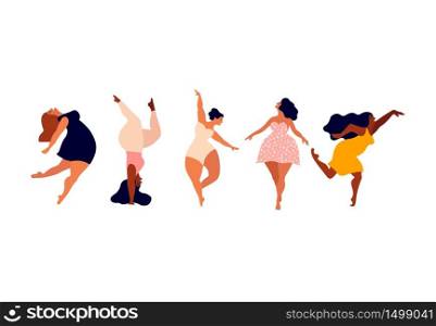 Happy women. Body positive vertical cards. Love yourself, your body concept. Female freedom, girl power or international women's day vector illustration.