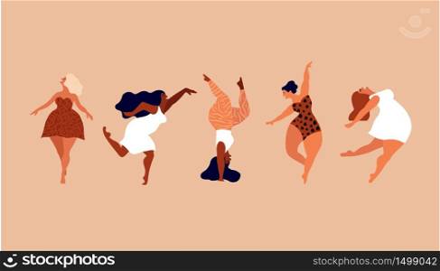 Happy women. Body positive vertical cards. Love yourself, your body concept. Female freedom, girl power or international women's day vector illustration.