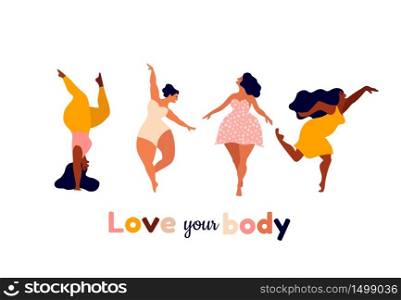 Happy women. Body positive vertical cards. Love yourself, your body lettering type. Female freedom, girl power or international women's day vector illustration.