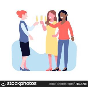 Happy women celebrate with glasses of champagne. Friend or colleague congratulation. Cheerful females clink wineglasses and say festive toasts. Holiday celebration. Anniversary party. Vector concept. Women celebrate with glasses of champagne. Friend or colleague congratulation. Females clink wineglasses and say festive toasts. Holiday celebration. Anniversary party. Vector concept