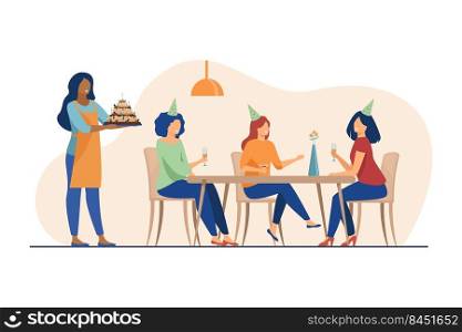 Happy women celebrating birthday and drinking alcohol. Friend, cake, glass flat vector illustration. Holiday and party concept for banner, website design or landing web page