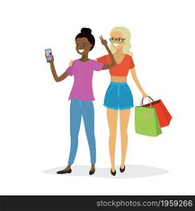 Happy women couple take a selfie, beauty young female african american and caucasian characters isolated on white background,flat vector illustration