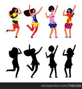 Happy women in bright clothes. Parade or hippie female cartoon character. Vector illustration. Happy women in bright clothes. Hippie female cartoon character