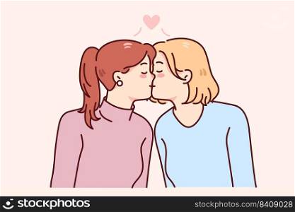 Happy women kissing show homosexual relationships. Gay couple enjoy relations. LGBT society concept. Vector illustration. . Gay women couple kissing 