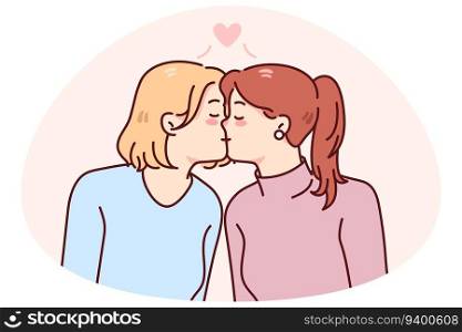 Happy women kissing show homosexual relationships. Gay couple enjoy relations. LGBT society concept. Vector illustration.. Gay women couple kissing