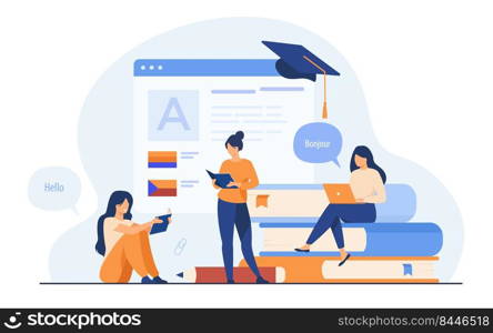 Happy women learning language online isolated flat vector illustration. Cartoon female characters taking individual lessons through messenger. Education and digital technology concept