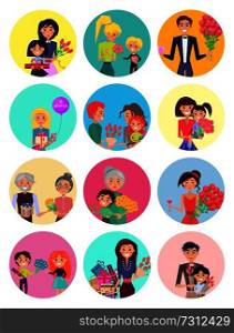 Happy women receive presents and bouquets from all family members on International Womens Day big vector illustrations set.. People with Bouquets and Gift Boxes on Holiday