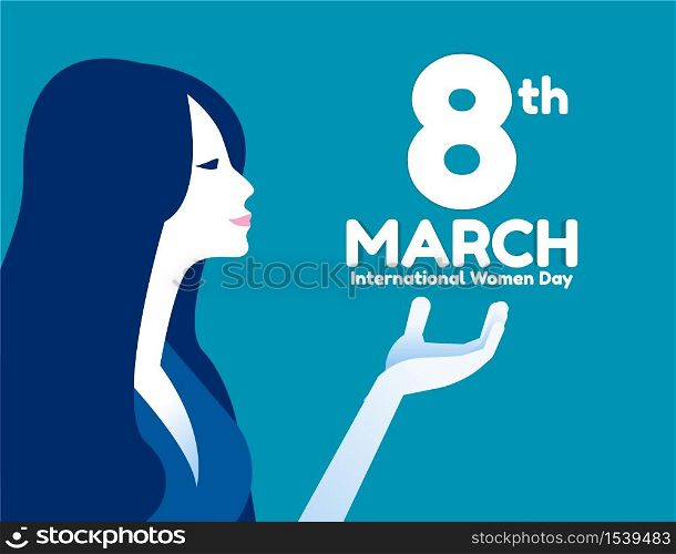 Happy Women&rsquo;s Day 8th March vector illustration. Girl face with celebration text quote, Design web banner or Card, Smiling Female