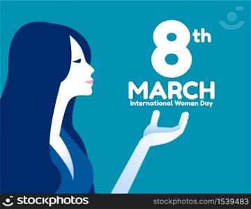 Happy Women&rsquo;s Day 8th March vector illustration. Girl face with celebration text quote, Design web banner or Card, Smiling Female