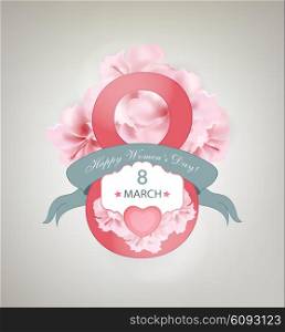 Happy Women&rsquo;s Day Background With Flowers, Ribbon, Title Inscription And Hearts