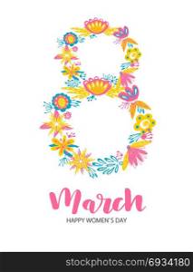 Happy Women&rsquo;s Day.. Happy Women&rsquo;s Day. Handwritten phrase and number 8 from two flowers wreaths on white background. 8 March party invitation, poster, banner or card design