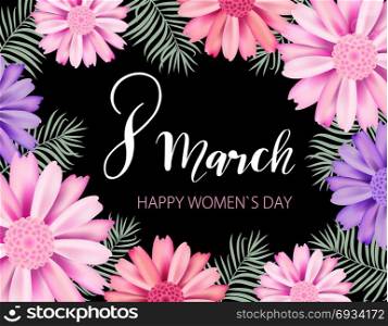 Happy Women&rsquo;s Day.. Happy Women&rsquo;s Day. Handwritten phrase in flower frame. 8 March party invitation, poster, banner or card design