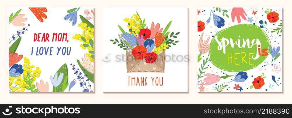 Happy Women&rsquo;s Day March 8. Mothers Day. Cute cards and posters for the spring holiday. Vector illustration of a date, a women and a bouquet of flowers. I love you