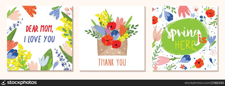 Happy Women&rsquo;s Day March 8. Mothers Day. Cute cards and posters for the spring holiday. Vector illustration of a date, a women and a bouquet of flowers. I love you