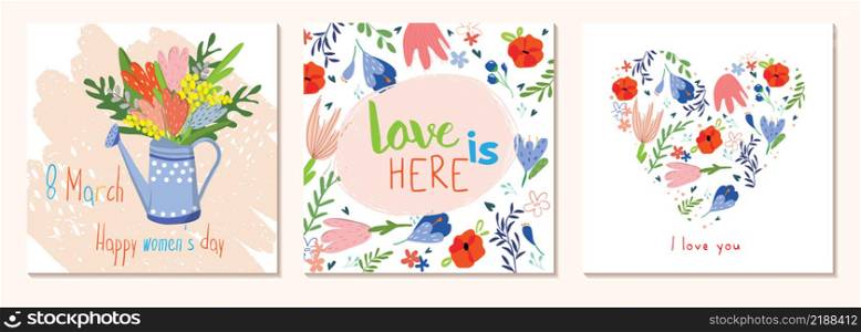 Happy Women s Day March 8. Cute cards and posters for the spring holiday. Vector illustration of a date, a women and a bouquet of flowers. I love you
