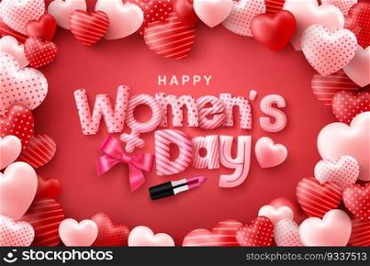 Happy Women’s Day Poster or banner with cute font on red and sweet hearts background.Promotion and shopping template or background for Women’ Day and Love concept