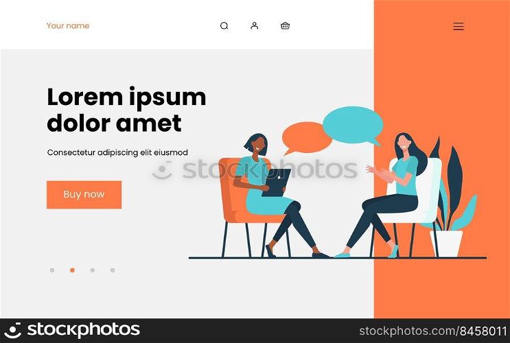 Happy women sitting and talking to each other. Dialog, psychologist, tablet flat vector illustration. Psychotherapy or communication concept for banner, website design or landing web page