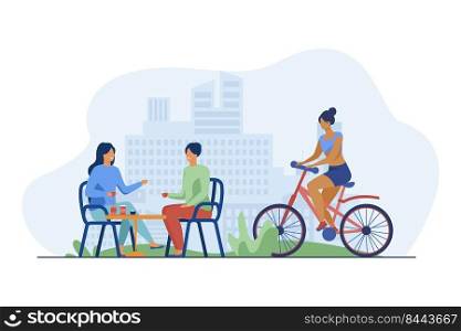 Happy women sitting in street cafe and cyclist riding near them. Coffee, bicycle, girl flat vector illustration. Summertime and urban lifestyle concept for banner, website design or landing web page