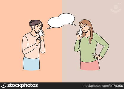 Happy women talk chat on smartphone gadget, enjoy pleasant conversation. Smiling girls speak on cellphone call online. Communication, technology concept. Vector illustration, cartoon character. . Smiling women talk on cellphone devices online