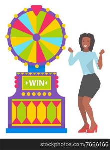 Happy women winner, game machine, gambling object. Smiling female playing roulette or fortune, casino equipment, lucky person, entertainment vector. Woman Winning, Fortune Machine, Casino Vector
