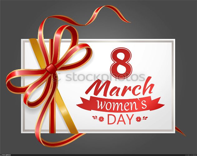 Happy womens day 8 March international holiday postcard decorated by ribbon and bow in red color. Congratulation banner set for female with flower symbols, invitation or greeting poster vector. Ladies International Holiday 8 March Poster Vector