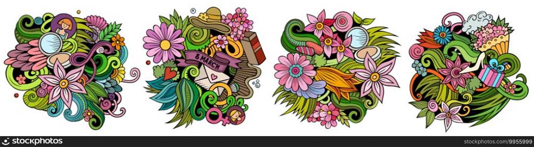 Happy Womens Day cartoon vector doodle designs set. Colorful detailed compositions with lot of spring holiday objects and symbols. Isolated on white illustrations. Happy Womens Day cartoon vector doodle designs set.