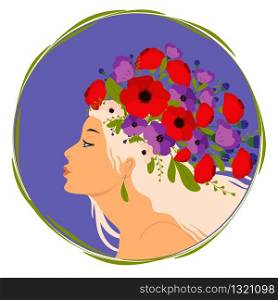 Happy Womens Day Floral Greeting Card Design. International Female Holiday 8 March vector fashion Illustration with Women Silhouette, poppy and anemons on Blue Background.. Happy Womens Day Floral Greeting Card Design.