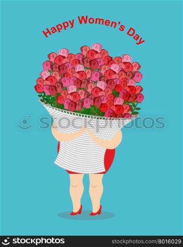 Happy womens day. Girl holds large basket of flowers. Lots of Fresh red roses. 8 March. Happiness for women big bouquet of flowers for holiday.&#xA;