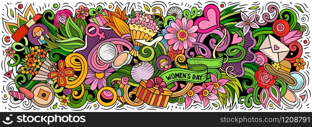 Happy Womens Day hand drawn cartoon doodles illustration. Seasonal funny objects and elements poster design. Creative art background. Colorful vector banner. Happy Womens Day hand drawn cartoon doodles illustration. Colorful vector banner
