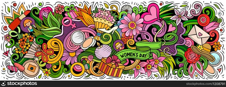 Happy Womens Day hand drawn cartoon doodles illustration. Seasonal funny objects and elements poster design. Creative art background. Colorful vector banner. Happy Womens Day hand drawn cartoon doodles illustration. Colorful vector banner