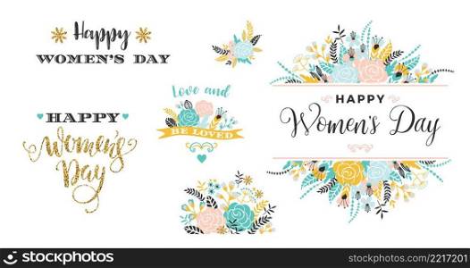 Happy Womens Day. Illustrations of flowers and inscriptions. Vector clipart. Elements for card, poster, flyer and other use. Happy Womens Day. Illustrations of flowers and inscriptions. Vector clipart.